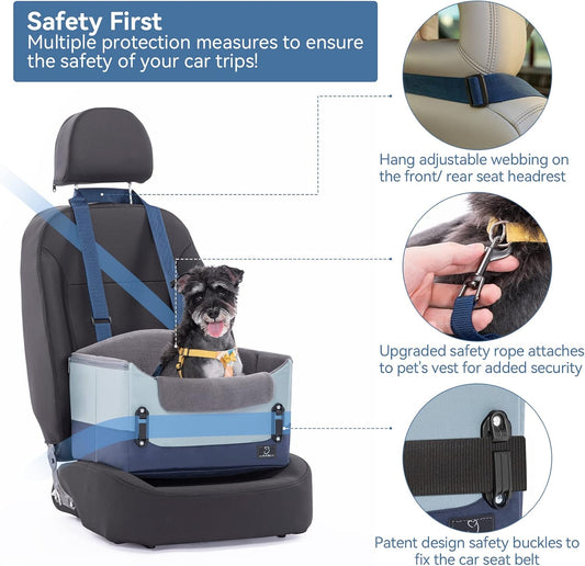 A 4 Pet Dog Car Seats for Small Dogs Under 25lbs – Safety Travel Booster Seat with Patent Buckles, Adjustable Leash – Reduces Anxiety & Road Trips – Frame Support for Cars, SUV, Pickup