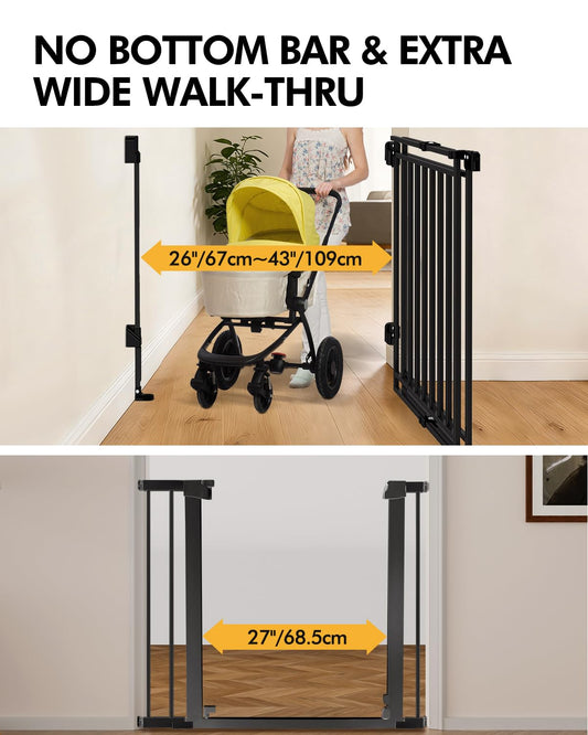 Extra Wide Baby Gate for Doorways 29" Tall Safety Gate for Kids&Pets,Pressure Mounted with Auto Close,Walk-Thru Metal Gate,Adjustable Width 26.4"-43",Indoor Pet Gate for Stairs & Hallways Black