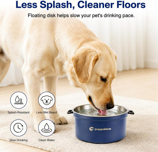 No Spill Dog Water Bowl, 3.2L/108oz Stainless Steel Slow Water Feeder with Floating Disk, Splash Proof Non-Slip Bowl for Messy Drinkers, Large Dogs and Cats, Blue
