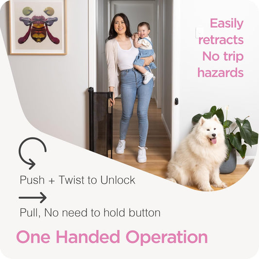 Retractable Baby Gate Perma Child Safety 33" Tall x 55” Wide, Mesh, for Stairs, Doorways, Dogs, Pets, Indoor, Outdoor, One-Handed Operation, Locking, Easy Install, Hardware Mount, Black