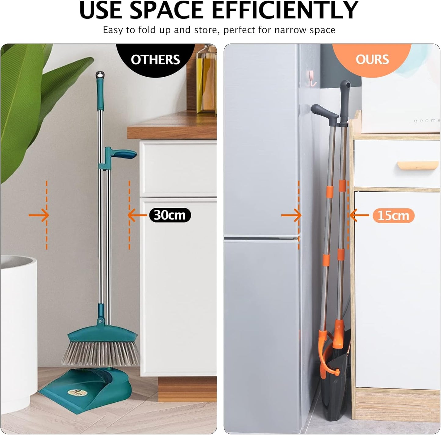 Broom and Dustpan Set with Long Handle, Light Weight Stainless Steel Poles Stand Upright Dustpans with Broom Combo for Home Kitchen Office Pet Dog Hair, Brown & Beige Color, 1-Pack
