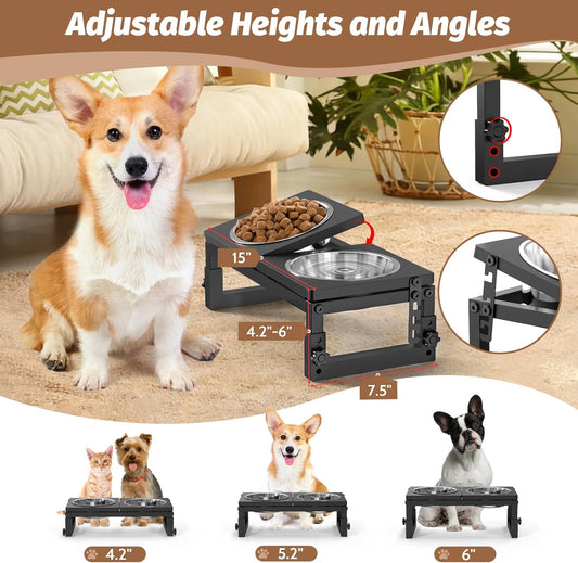 Dog Bowls Elevated, 4 Height (9.6" to15) & Angle (0-20°) Adjustable Raised Dog Bowl Stand, Elevated Dogs Bowl for Medium to Large Sized, Bamboo Feeding Station with 2X 10cups Stainless Steel Dishes