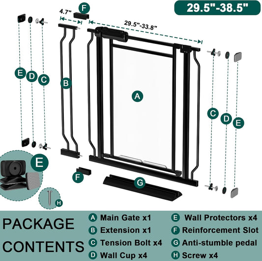 Fairy Baby Triple Lock Clear Baby Gate for Doorways, 57.6”-66.8” Extra Wide Acrylic Dog Gate for Stairs, Safety Child Gate Pressure Mounted No Drill, Auto Close Clear Pet Gate One-Hand Opening, Black