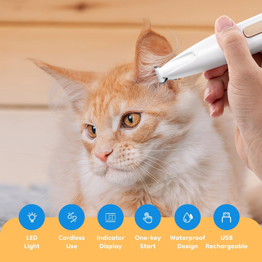 Mcbazel Pet Micro Precision Trimmer, Multifunctional Pet Hair Trimmer Waterproof Rechargeable Shaver with LED Light for Paws Eyes Ears Face Buttocks for Small Dogs and Cats,50dB Quiet Shave.