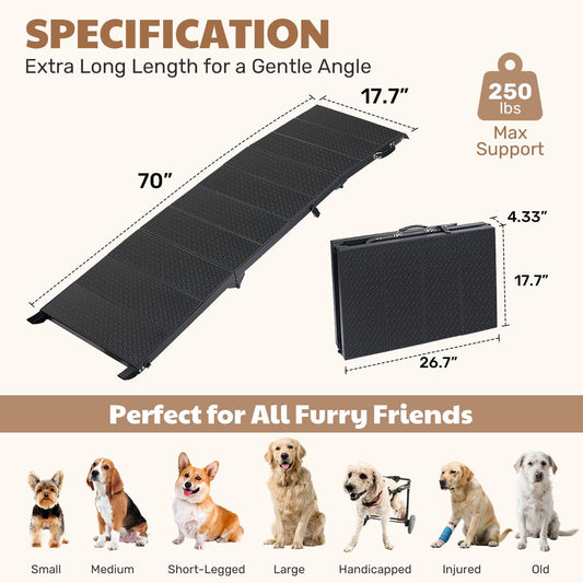 71" Extra Long Dog Ramp for Large Dogs, Heavy Duty Metal Frame Pet Ramp for High SUVs, Trucks and Cars, Portable Folding Travel Dog Ramps with Safety Latch, Supports up to 350lbs