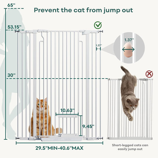 Ostutry 53in Extra Tall Cat Gate for Doorway, 29.5-40.6in Wide Auto Close Pet Gate with Cat Door, Climb Proof Dog Gate No Drilling Pressure Mounted, White