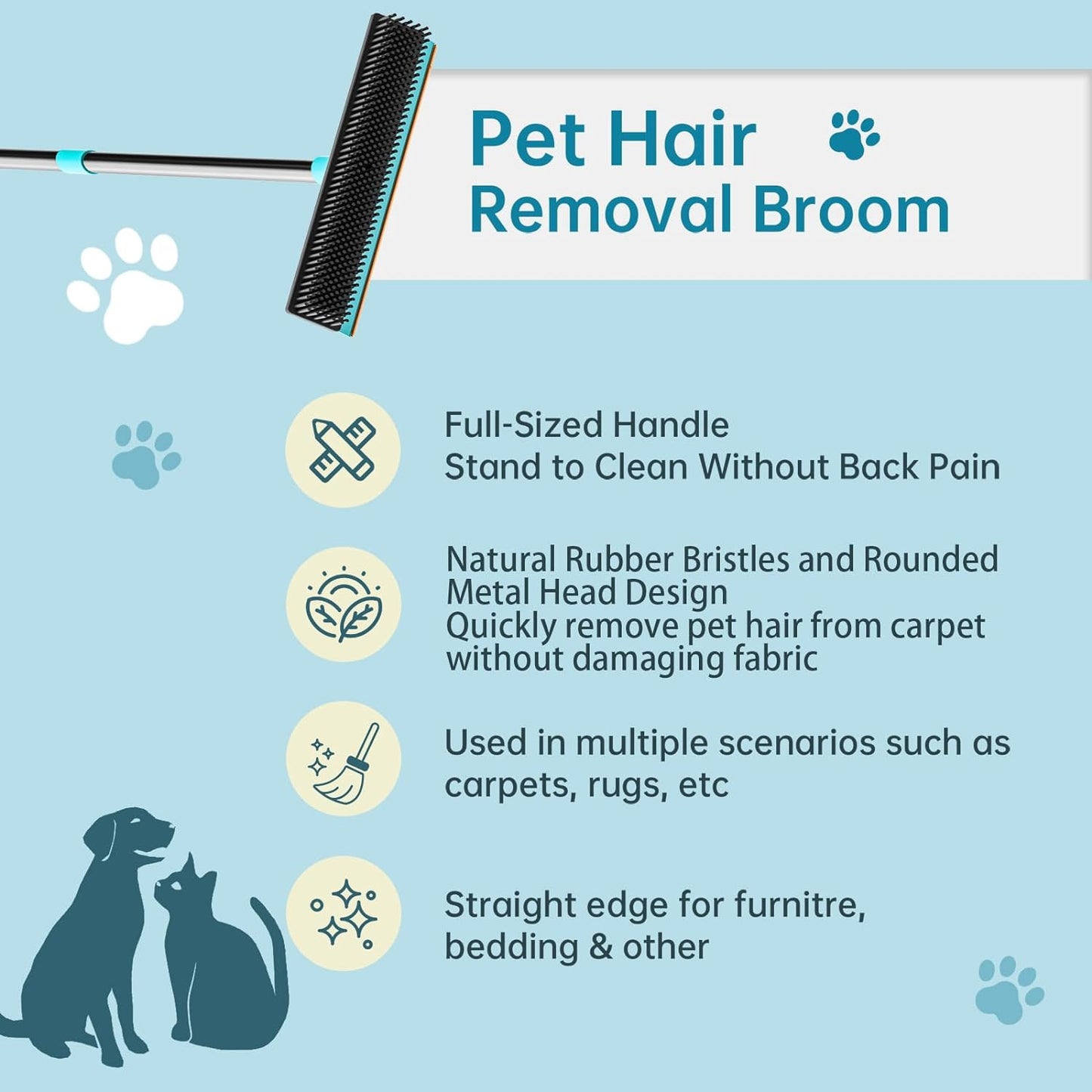 Carpet Rake - 60" Long Handle Pet Hair Removal with Metal Fabric Edge Design,Carpet Broom,Carpet Rake for Carpets, Rugs,Mats,Couch,Stairs