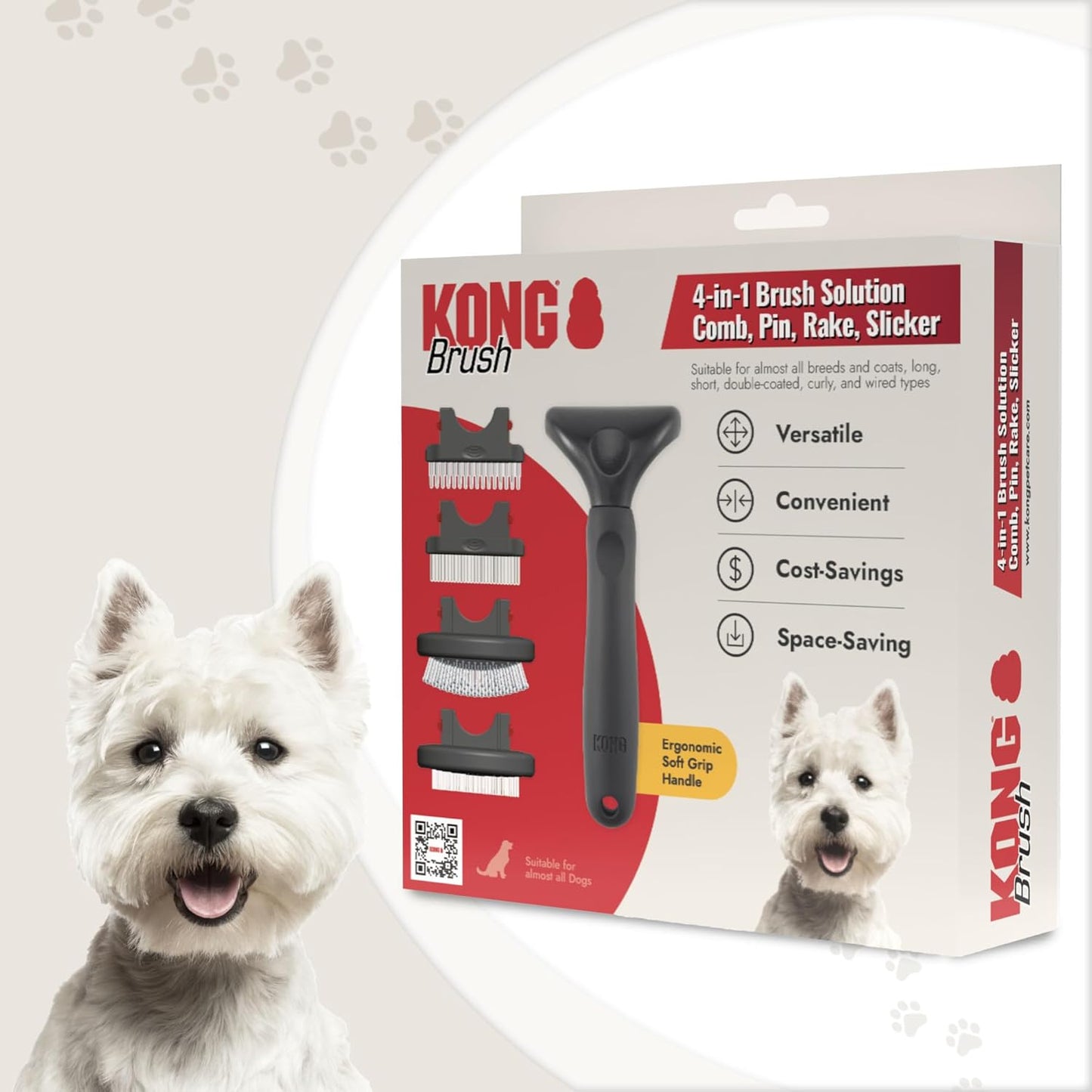 KONG Double-Sided Rake & Deshedding Tool – Detangling & Shedding Control, Rounded Metal Tips, Non-Slip Grip, for Medium to Large Dogs with Medium to Long Coats, Red/Gray