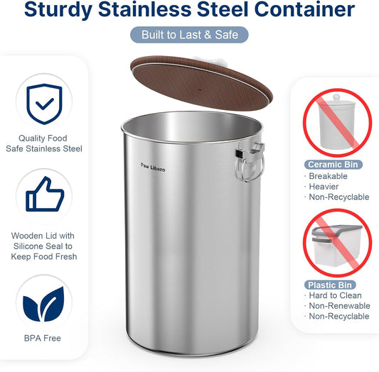 Paw Libero 2PK 35 Lbs total 70Lbs Stainless Steel Dog Food Storage Container with Airtight Wooden Lid & Ceramic Bone Handle, Large Metal Dog Food Bin for Dogs & Cats, Keep Fresh, Easy to Clean