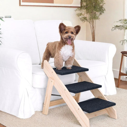 Wood Pet Stairs/Steps, 2-in-1 Foldable Dog Steps for Bed, Sofa, Couch and Cars, 3 Levels Dog/Cat Ladder & Ramp for Small Medium Large Pet, Wooden Frame Support Up to 110 lbs, Light Yellow
