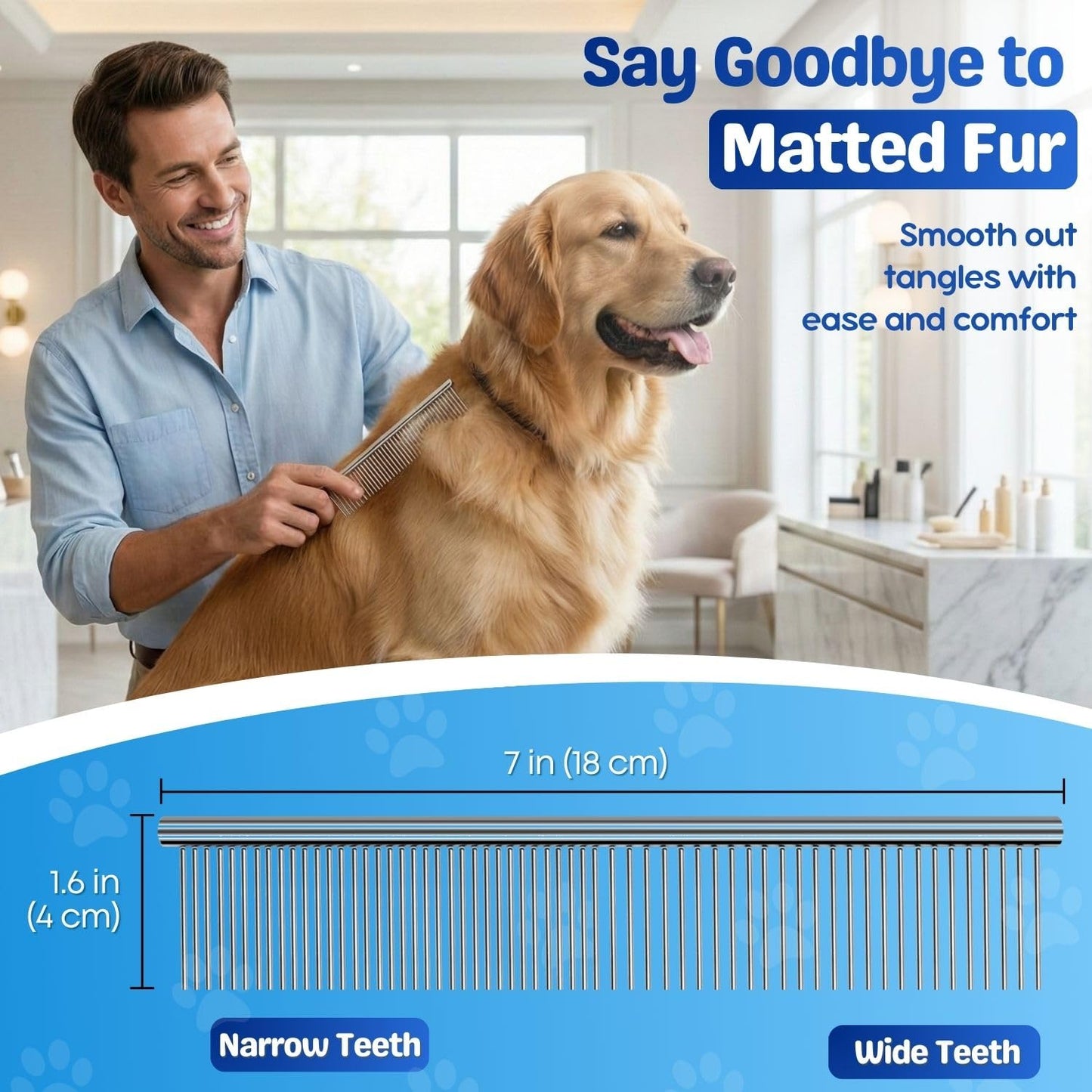 Flexzion Grooming Comb for Dogs – Stainless Steel Professional Cat Comb and Animal Tool for Removing Tangles and Knots on Medium Pets with Smooth Needle Teeth – 40mm, 1 Medium