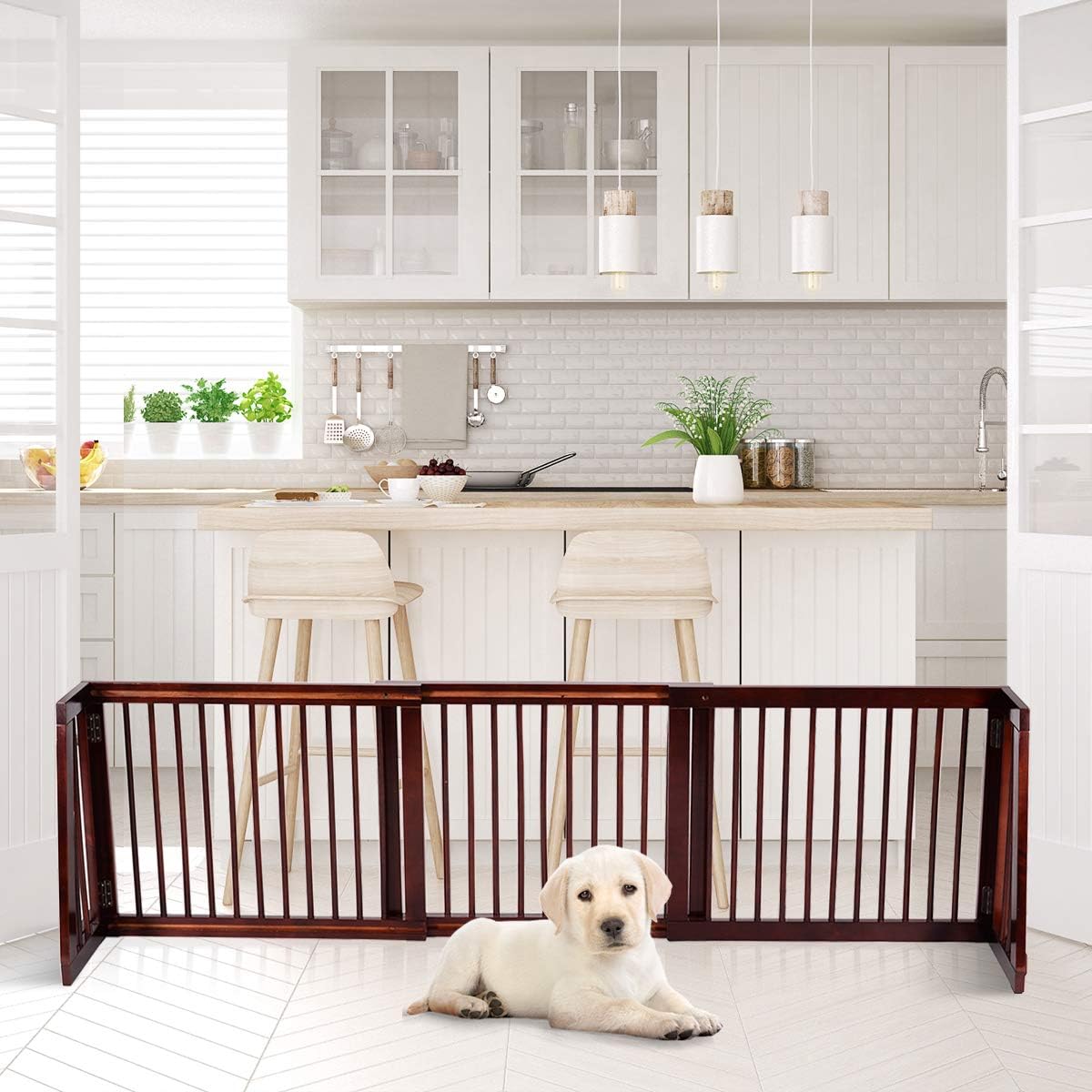 PETSITE Free Standing Retractable Wooden Dog Gate Indoor, 28-80 Inches Adjustable Pet Gate for Doorways, Stairs, Hallway, Kitchen, Easily Crossable with One Step, Ideal for Small & Medium Sized Dogs