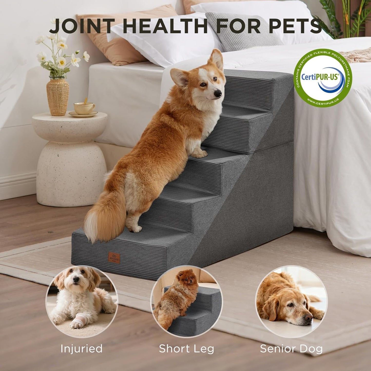 Joydeco Dog Stairs for Bed 15" H, 3-Step Pet Steps for Small Dogs and Cats, Dog Steps for High Bed, Non-Slip Balanced Ramp Indoor Pet Stairs, Beige