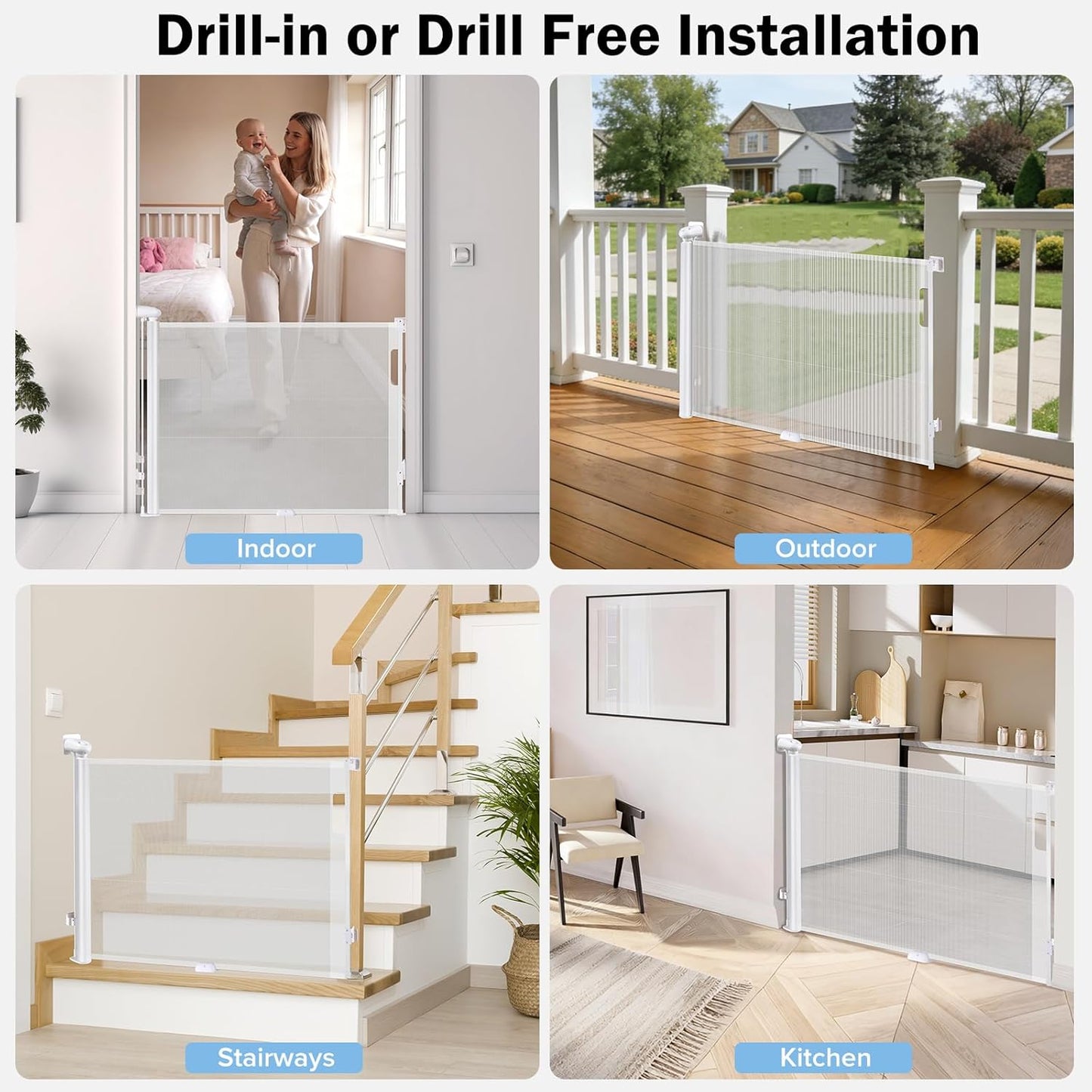 Retractable Baby Safety Gate, 33.8" Tall Extends to 55" Wide, Dual Lock, Adjustable Mounting, Extendable Pet Gate for Hallways, Stairs, Indoor & Outdoor(Black)