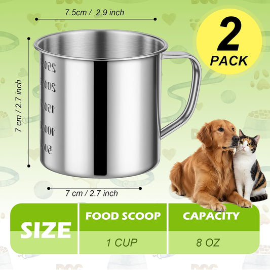 2 Pcs Dog Food Scoop 1 Cup,304 Stainless Steel Measuring Cups with Handle Pet Food Scoop Cup Measuring Scoop for Dogs, Cats, Birds & Rabbits – Ideal for Dry Food & Treats (1 CUP)