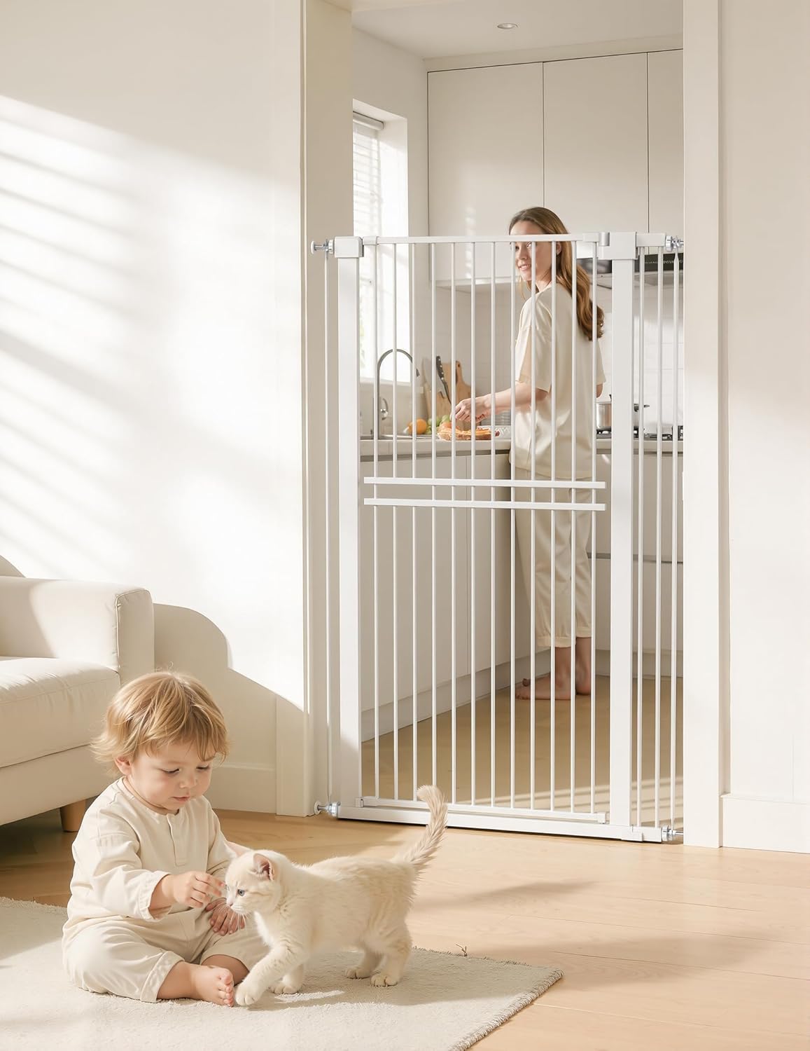 No Pawblems 55" Extra Tall Pet Gate for Cat/Dog, 29-40" Wide Auto Close Tall Dog Gate for Doorways/Hallways, 1.37" Ultra Narrow Spacing, NO Drilling Pressure Mounted, Black