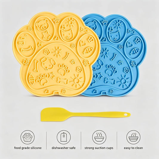 Lick Mat for Dogs, Puppies & Cats - 2 Pack Cat Paw Shaped Slow Feeder Pad, Fun Cartoon Rubber Suction Mat, Yellow & Blue, Easy Clean for Bathing Grooming & Anxiety Relief