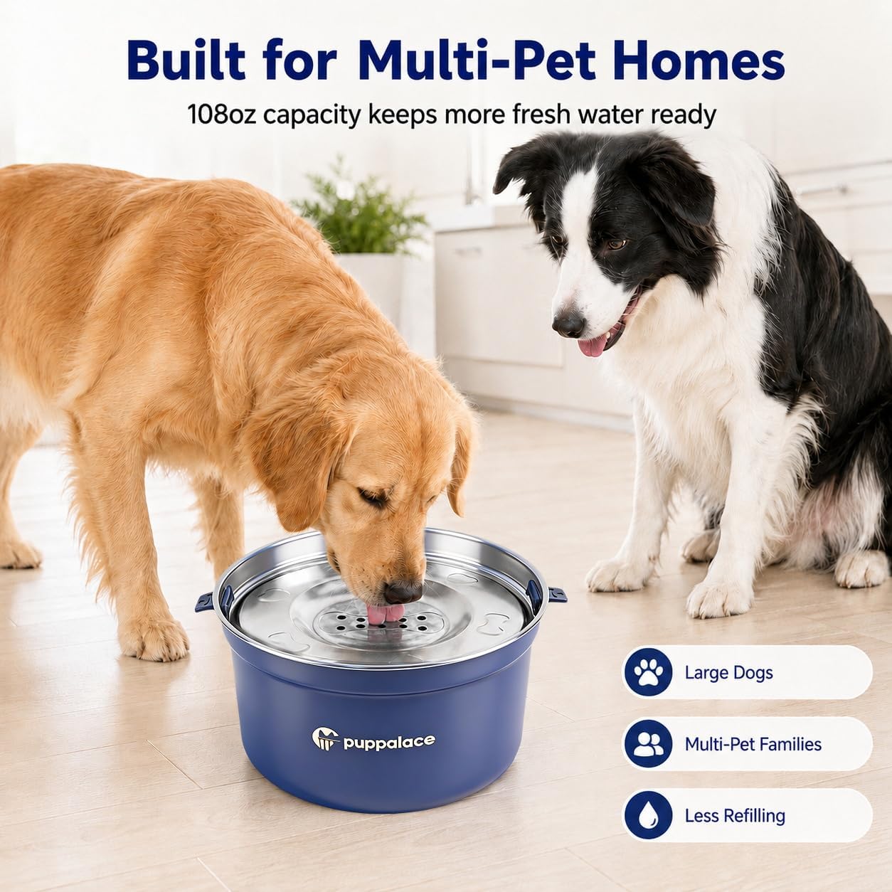 No Spill Dog Water Bowl, 3.2L/108oz Stainless Steel Slow Water Feeder with Floating Disk, Splash Proof Non-Slip Bowl for Messy Drinkers, Large Dogs and Cats, Blue