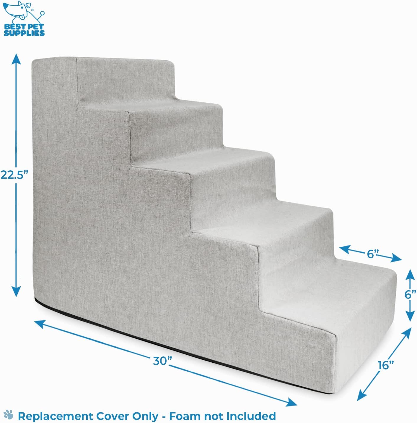 Best Pet Supplies Foam Pet Steps Cover for Small Dogs and Cats, Portable Ramp Stairs for Couch, Sofa, and High Bed Climbing (Cover Only) - Ash Gray Linen, 3-Step (Cover Only)