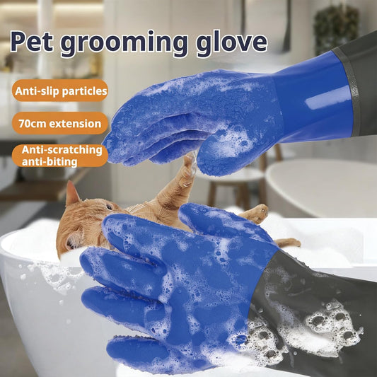 YOFANG Pet Grooming Washing Gloves,27.2" Extra Long Waterproof Rubber Bathing Gloves for Dogs & Cats,Anti-Bite & Anti-Scratch Hair Removal Cat Bath Gloves with 3000+ Massage Particles,Blue/Green 