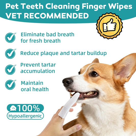 Teeth Cleaning Wipes for Dogs & Cats, Natural Formula Dog Finger Toothbrush Wipes Remove Plaque & Tartar Buildup, No-Rinse Disposable Dog Dental Care Finger Wipes(100 PCS)
