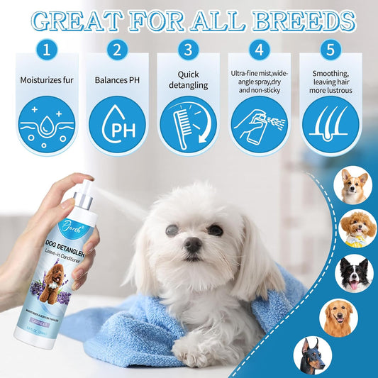 Pjordo Dog Detangler Spray, Natural Dog Leave in Conditioner Spray with Deshedding Brush and Metal Comb for Grooming and Mat Removal, Lavender Scent for Dogs