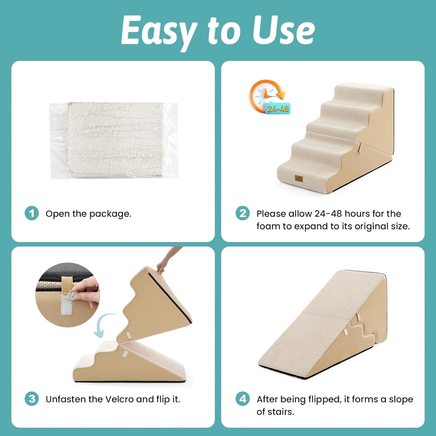 COZY KISS Dog Stairs for Small Dogs, 3-Step 2 in 1 Transformable Pet Stairs for Couch and Bed, 15.7" H Dog Steps for Old Cats, Puppy, Small Dogs (Beige, 17.7x28.3x19.7 in, 4.0)
