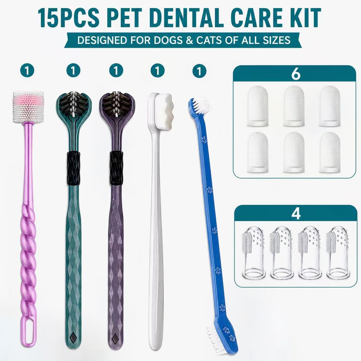 9-Pack Dog Toothbrush Kit, Triple Head & Double Head Dog Toothbrush, 360 Finger SiliconeToothbrush, Multi-Angle Dental Cleaning Brushes for Cat Oral Health