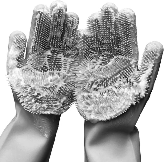 Silicone Dishwashing Gloves with Scrubber Bristles, Food-Grade Cleaning Mitts for Kitchen Dishes, Pet Grooming & Car Wash