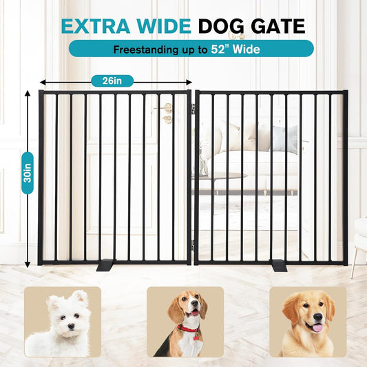 Snagle Paw Extra Wide Dog Gate,Free Standing Dog Fence with Door, Up to 104 Inch Wide Pet Gate with Support Feet for Stairs, Hallways, Doorways, Yard (Black, 4 Panels)