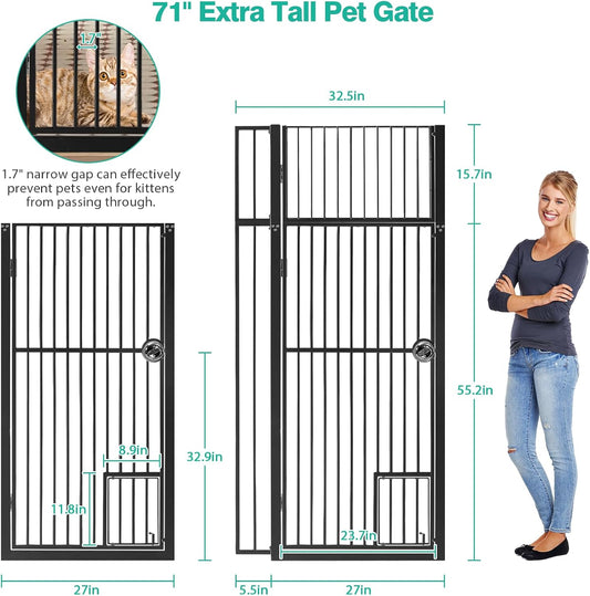 71 inch Extra Tall Gates for Cats Dogs, Adjustable 28.7" and 37.5" Wide Cat Gate, Pressure Mounted Full Door Pet Gate for Doorway, Stairs,House (Black, 71")