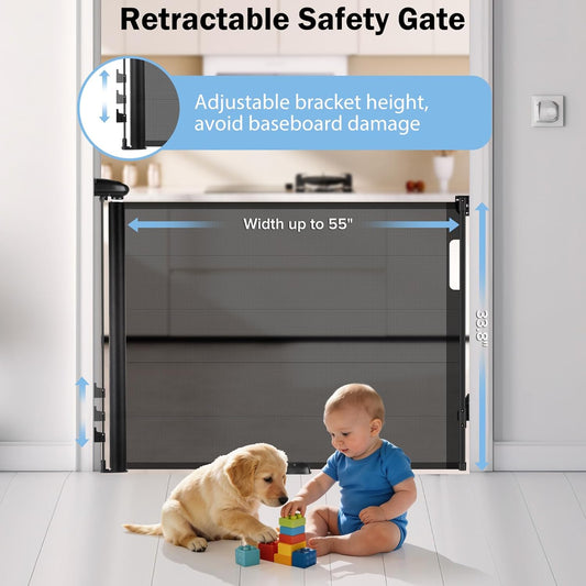 Retractable Baby Safety Gate, 33.8" Tall Extends to 55" Wide, Dual Lock, Adjustable Mounting, Extendable Pet Gate for Hallways, Stairs, Indoor & Outdoor(Black)