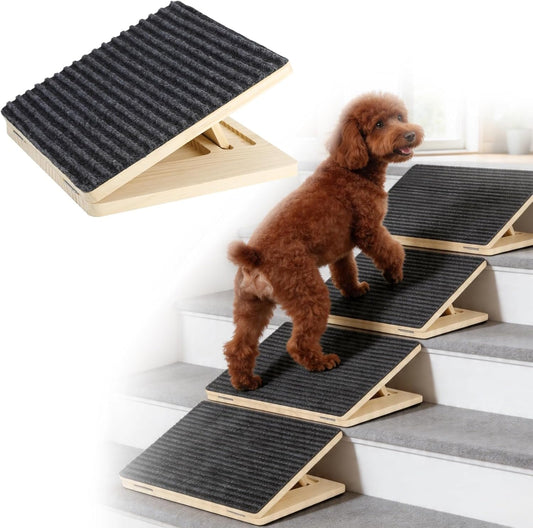 4 Pcs Wooden Dog Ramp for Stairs - Portable Adjustable 15°/25°/35° Angle Pet Ramps for Stairs with Anti-Slip Surface & Base for Small Pets, Senior Dogs, Cats, Injured Animals