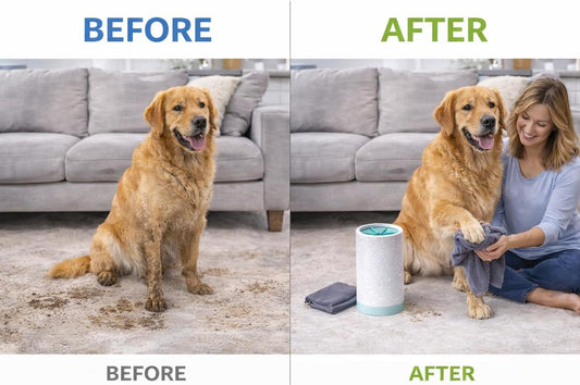 Dog Paw Cleaner with Microfiber Towel – Portable Paw Washer Cup for Dogs – Soft Silicone Bristles for Mud, Dirt & Sand Removal After Walks