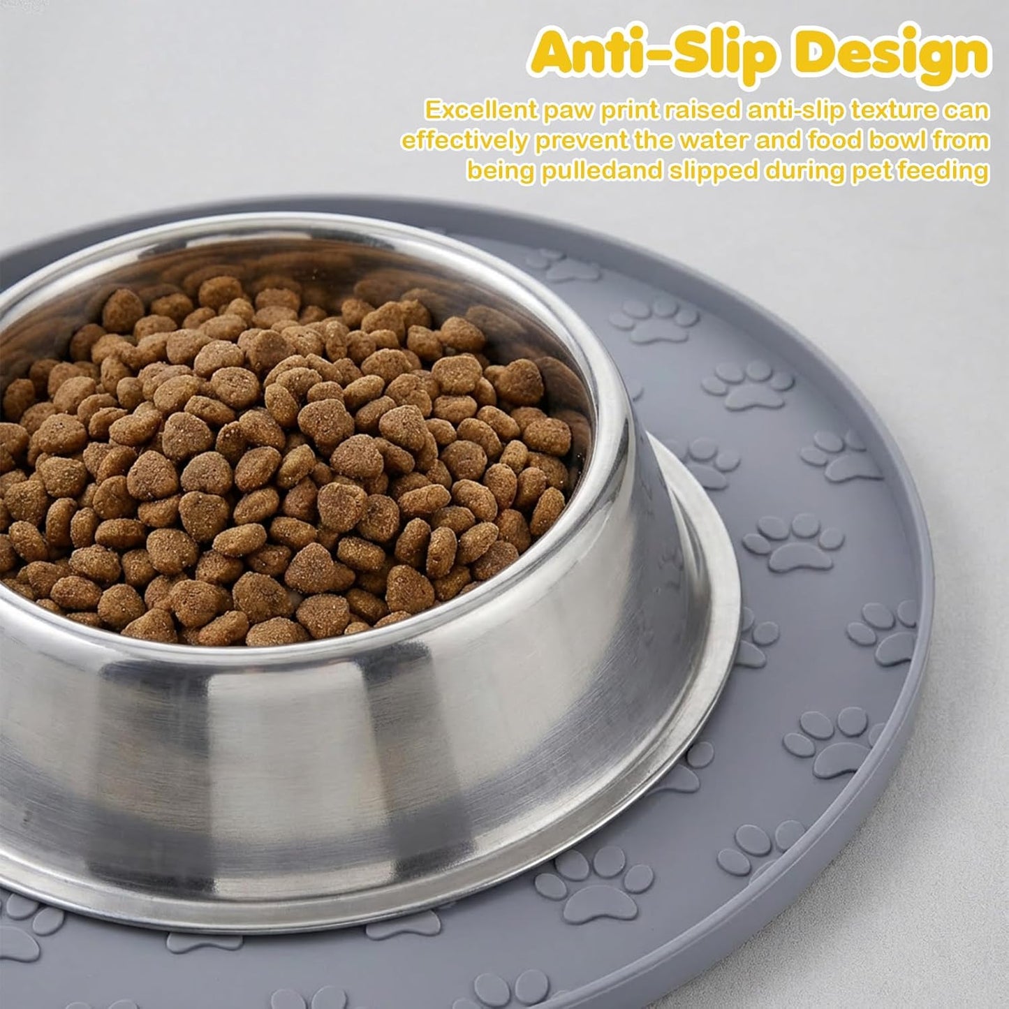 Silicone Pet Food Mat, Dog Dish Mat, Dog Cat Food Mats Small, Silicone Mats for Dogs Bowls, Waterproof Non-Slip Dogs Cat Water Bowl Placemat with Raised Edge, Gray
