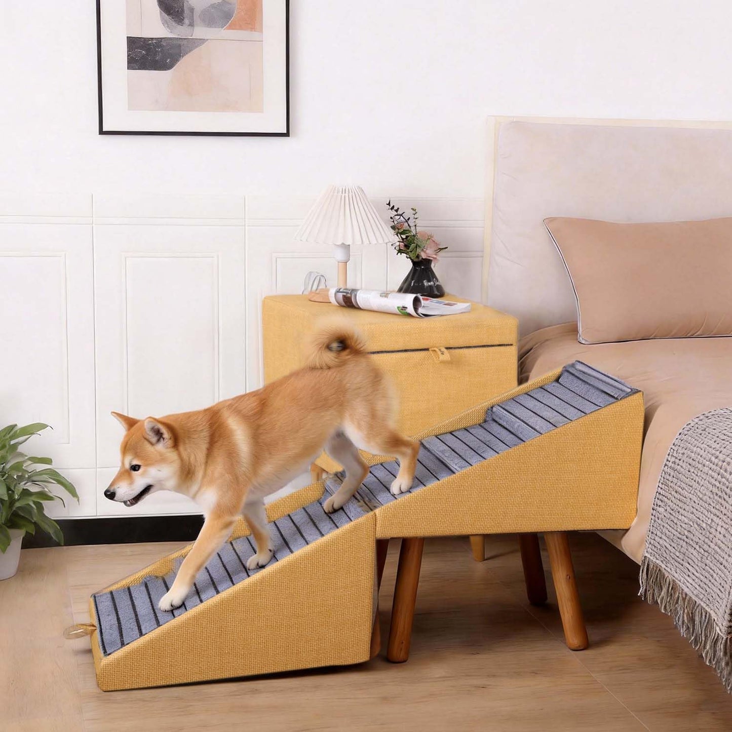 17.13" H Dog Stairs for Small Dogs, 2-in-1 Pet Steps & Ottoman - Foldable Dog Stairs for Couch, Non-Slip Wooden Pet Stairs for Puppy Senior Injured Dogs
