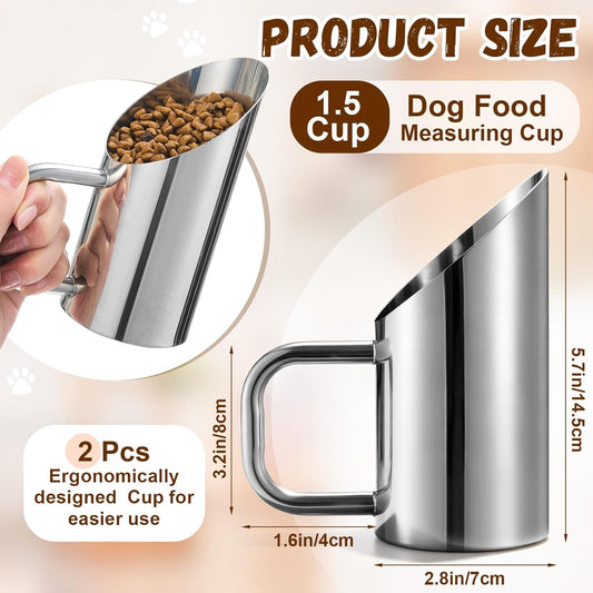 Zonon 2 Pieces 1.5/12 oz Cup Dog Food Stainless Steel Scoop, Durable Metal Dog & Cat Food Cup with Ergonomic No-slip Grip, Easy-clean, Rust-resistant Convenient for Bucket Pet Animal Feeds (Novel)