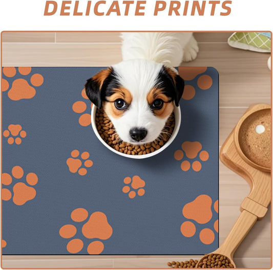 18"×30" Dog Food Mat-Absorbent Dog Mat for Food and Water, No Stains Quick Dry Cat Food Bowl Mat with Footprints for Messy Drinkers,Dark Grey