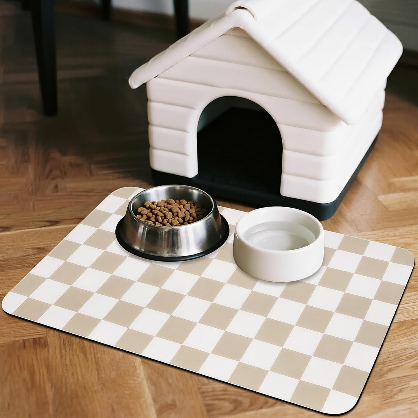 CooRug Checkered Dog Food Mat, Absorbent Leak-Proof Pet Feeding Mat, Quick Dry Cat Food Mat for Messy Drinkers 12" x 20" Khaki