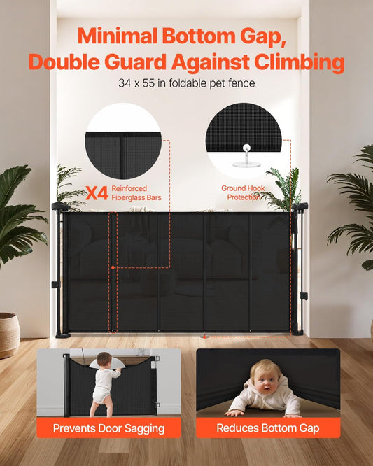 VEVOR Retractable Baby Gate, 34 inch Tall, Extends up to 110 inch Wide, Retractable Gate for Kids or Pets, Mesh Material, Easy to Install for Indoor Stairs, Doorways, Hallways, Playrooms, Gray