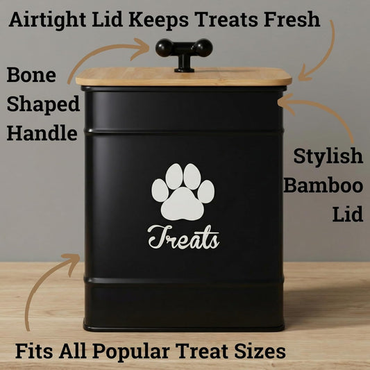 Dog Treat Container Airtight - 6 Inch Wide x 8 Inch Tall Iron Dog Treat Jar for Kitchen Counter with Airtight Bamboo Lid - 12 Cup Capacity Pet Treat Container - Doggie Cookie Jar - Big Treats Canister