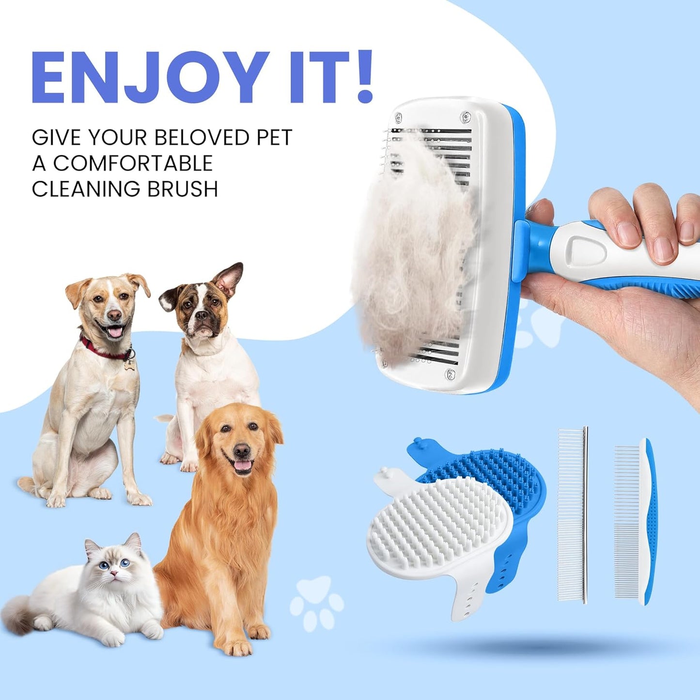 Self Cleaning Shedding Brush - 5-in-1 Professional Pet Grooming Kit Skin Friendly Grooming Tool for Dogs, Cats, and Puppies, Deshedding and Hair Removal for Long and Short Haired Pets, Blue