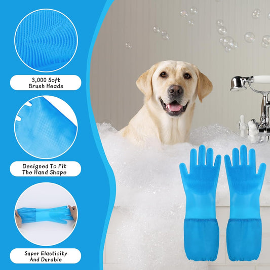 Dog Washing Gloves- Long Sleeved Pet Grooming Gloves - Heat Resistant Silicone Gloves with High-Density Teeth - Efficient Deshedding Glove for Dogs, Cats, Rabbits and Horses