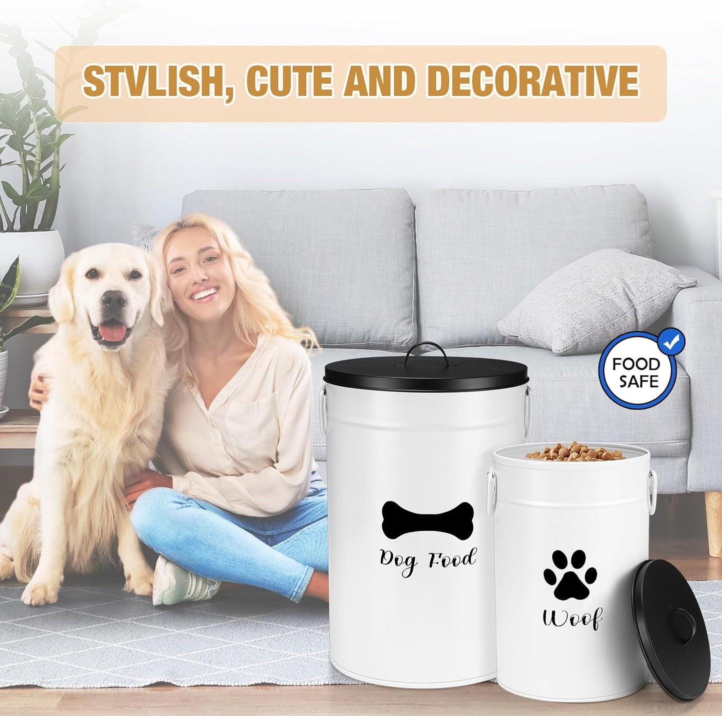 DoubleFill Extra Large 23+10 lbs Metal Dog Food Storage Containers Set of 2 Airtight Dog Treat Snack Jars with Lids and Spoon Farm House Style Big Pet Cookie Jar for Kitchen Counter Gift