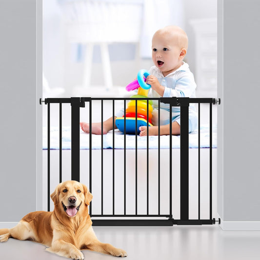 29-42 inches Metal Baby Gate for Stairs/Doorways, 30 inches Tall Pressure Mounted Pet Gates, Auto-Close Child Safety Gate, No Drilling Easy Walk-Through Dog Gate Indoor, Black