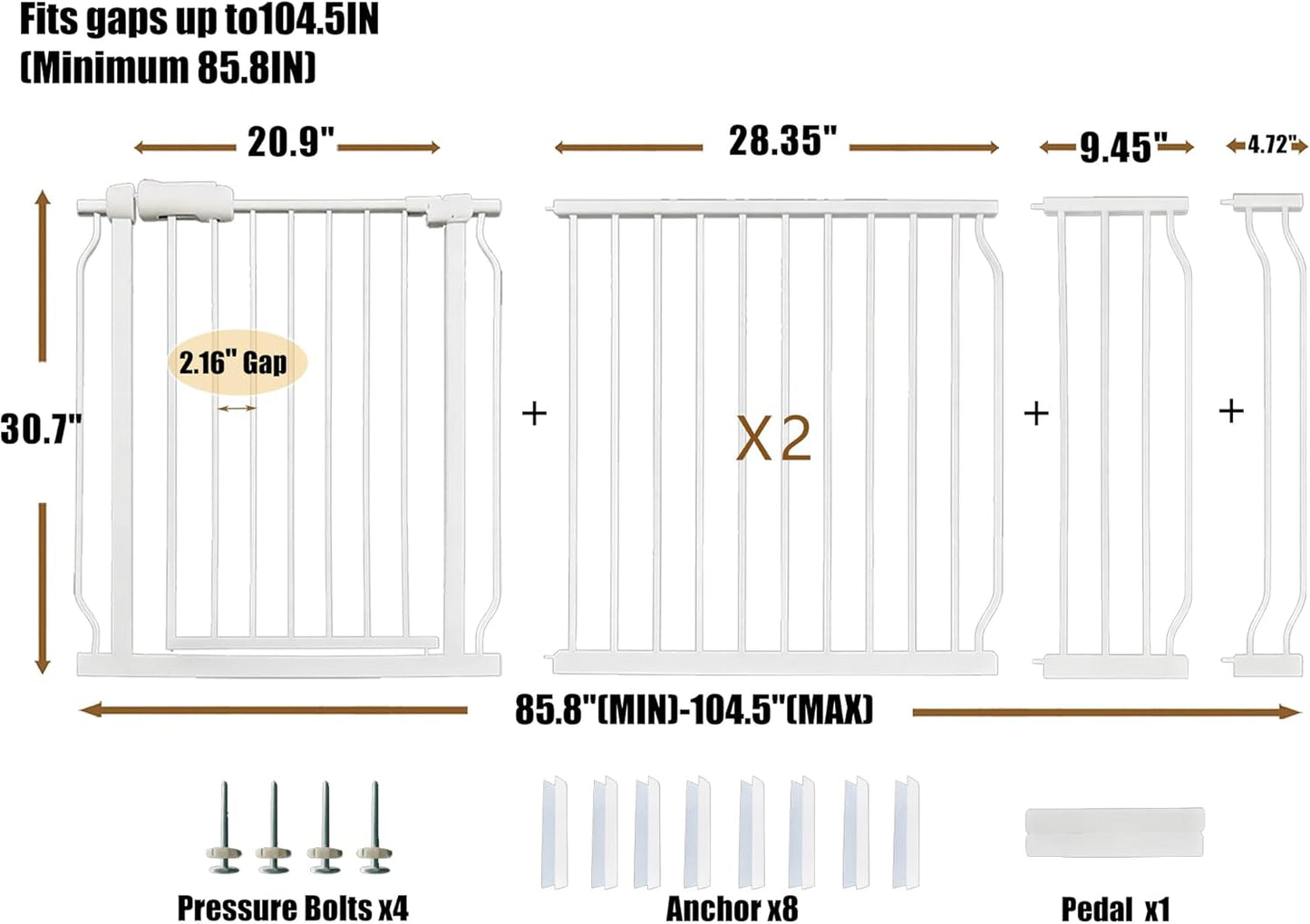 Extra Wide 76.4-81 Inch Large Baby Gates for Stairs, Doorways - No Drilling, Pressure Mounted Pet Gates for Kids & Dogs