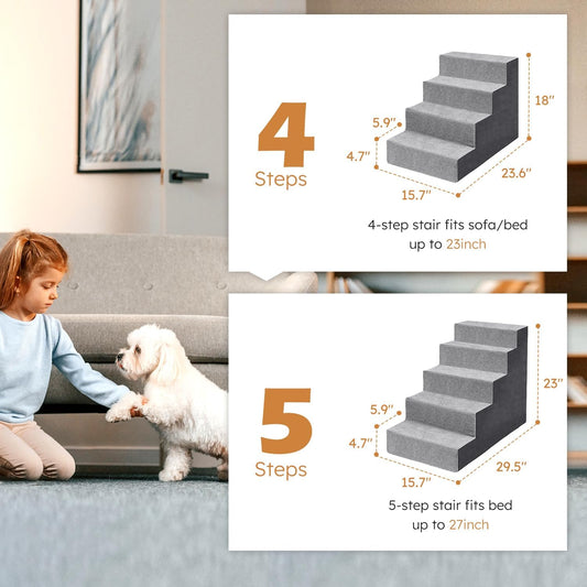 Heeyoo Dog Stairs for Small Dogs,5-Step Dog Steps for High Bed and Couch, High-Density Foam Pet Steps with Supporting Board, Non-Slip Removable Washable Cover, Grey