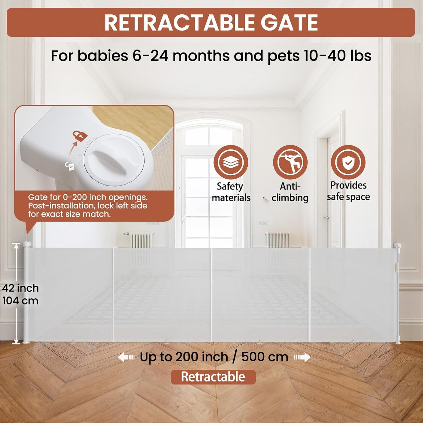 Upgrade Retractable Baby Gates Extra Wide (150" W x 42" H), 150 inch Reinforced Retractable Dog Gate to Prevent Crawling Through, Retractable Gate Outdoor/Indoor, Real One-Handed Operation, Black