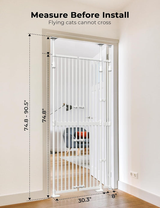 Extra Tall Cate Gate for Doorway: Pressure Mount 74.8"-90.5" Tall Cat Gate for Pets in Extra 30.3"-47.2" Width No Wall Drilling No Toddler for Indoor Stairs Hallway Room Safety Barrier