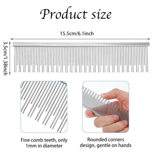 Metal Comb for Dogs & Cats, 6" Stainless Steel Detangling Fine Tooth Grooming Tool for Long & Short Haired Pets, Anti-Static Dematting Comb for Indoor Cat Matted Fur Removal Shedding Control